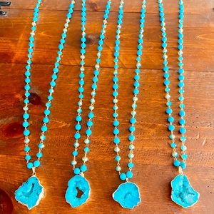 Aqua Turquoise Druzy Stone Crystal Long Necklace